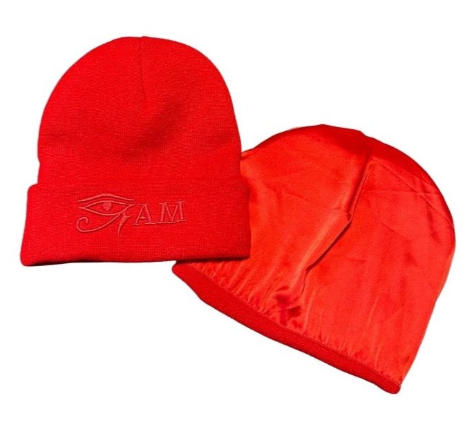 Red Beanie Eye Am Embroidered (with Satin Interior) – www 