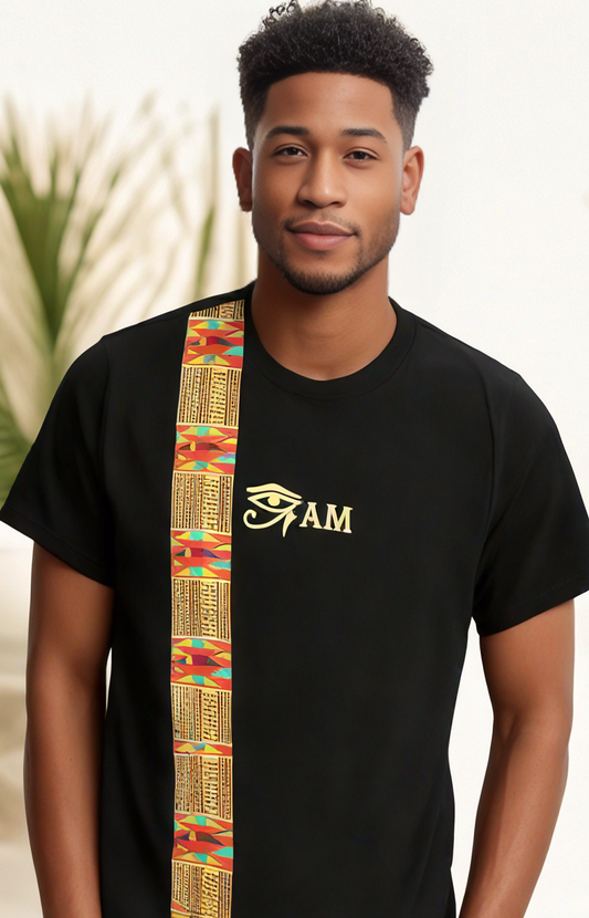 Striped Kente Eye Am (Black T-Shirt)