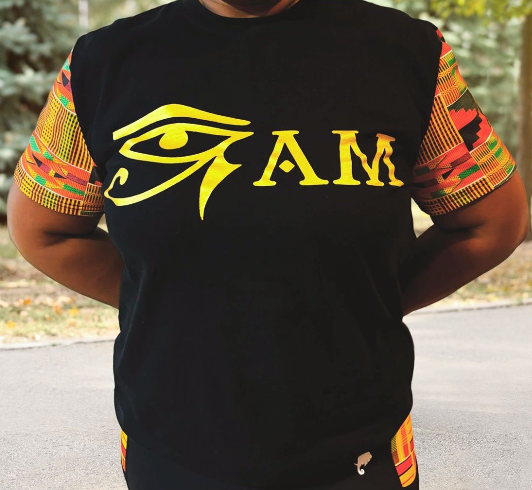 T-shirt:  Orange Kente Eye Am (Black)