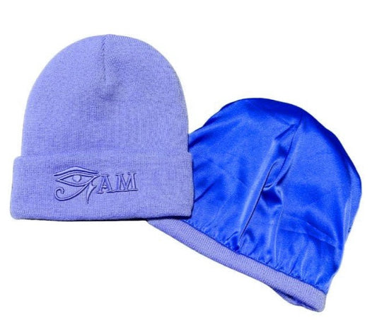 Light Blue Beanie Eye Am Embroidered (with Satin Interior)