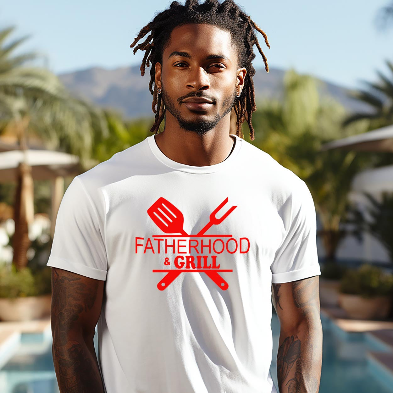 T-Shirt:   Fatherhood & Grill (Red Letters)