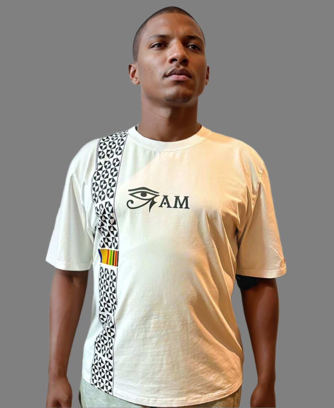 Striped Kente Eye Am (White T-Shirt)